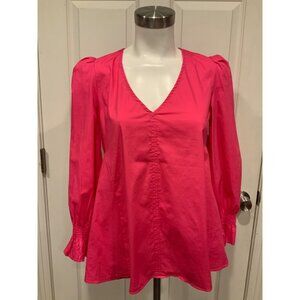 Pomander Place Tuckernuck Hot Pink V-Neck Easton Blouse Shirt Poet Sleeve Sz XS